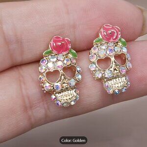 Cute Colorful GoldPlated Sugar Skull Pink Red Rose Crystal Stud Fashion Earrings